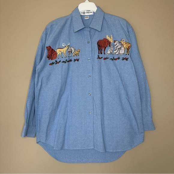 Casey Coleman Women XL Cabincore Button Shirt Embroidered Forrest Animals Denim - Picture 1 of 7